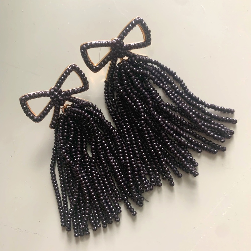 Black and Gold Color beaded dangle tassel bow earrings